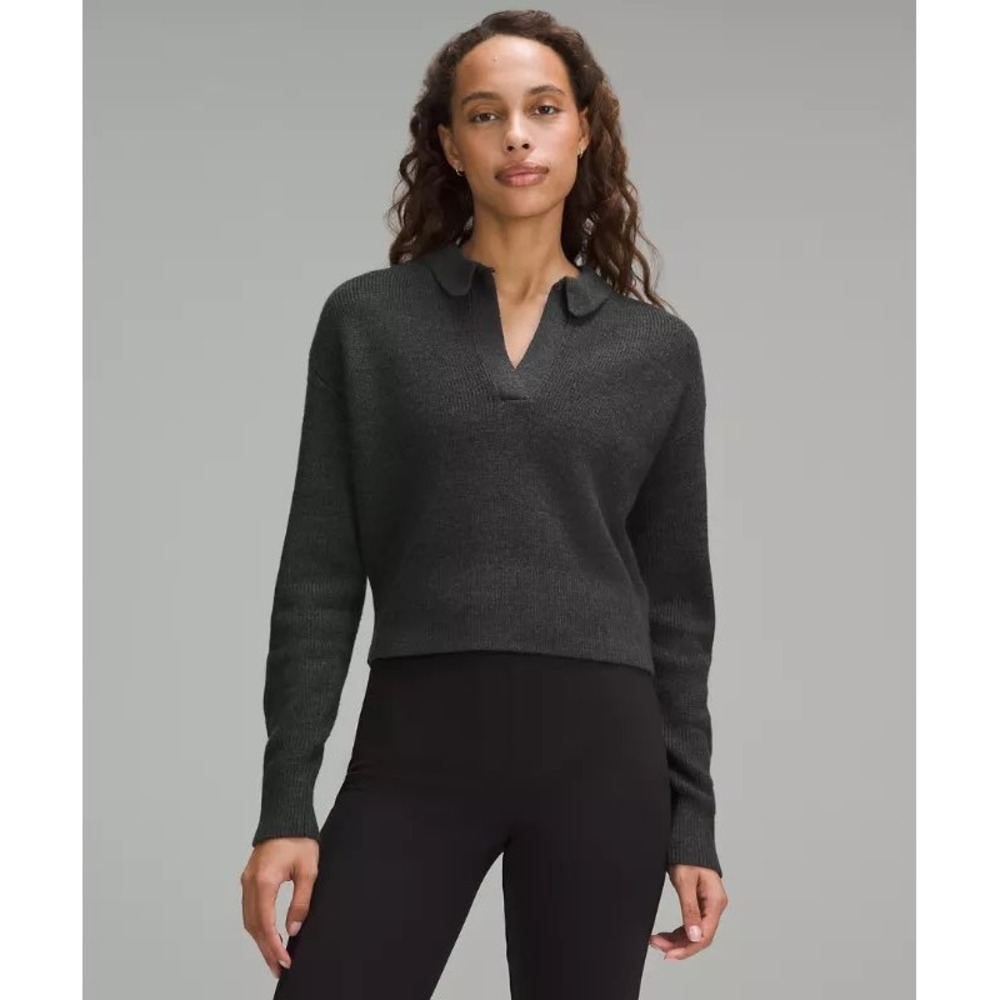 Lululemon Collared Merino Wool-Blend Sweater in Heathered Black Polo Neck LS